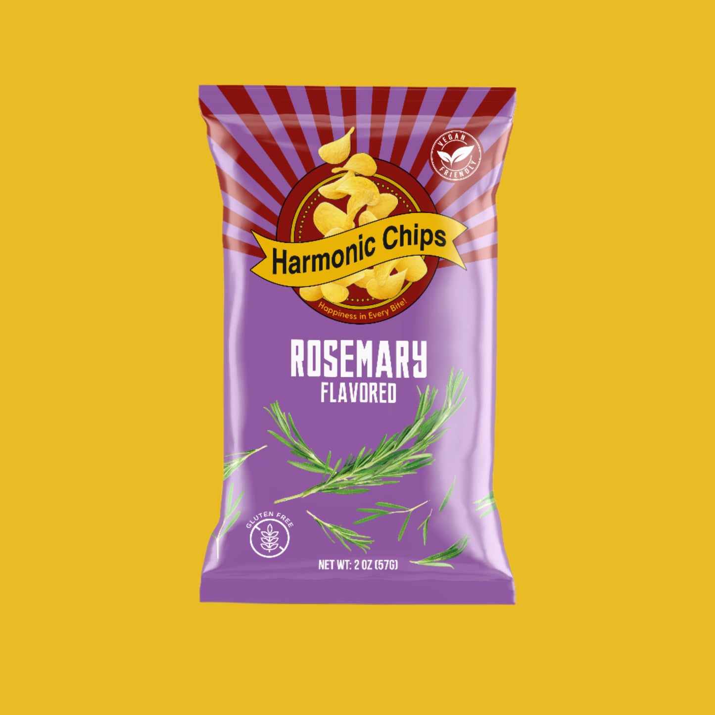 Bag of Rosemary Harmonic Chips surrounded by fresh rosemary sprigs and rustic wood background