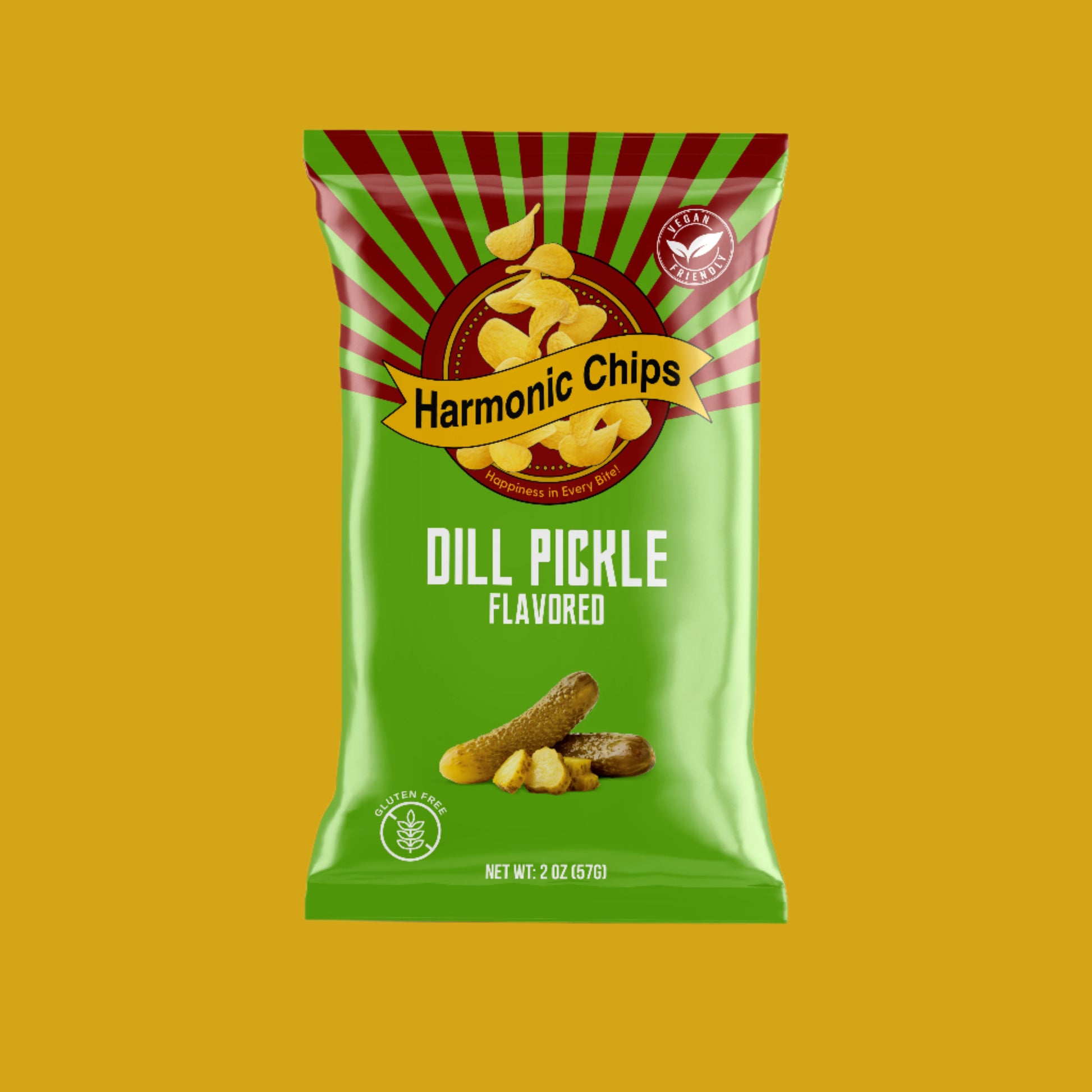 Bag of Dill Pickle flavored Harmonic Chips with crunchy chips spilling out